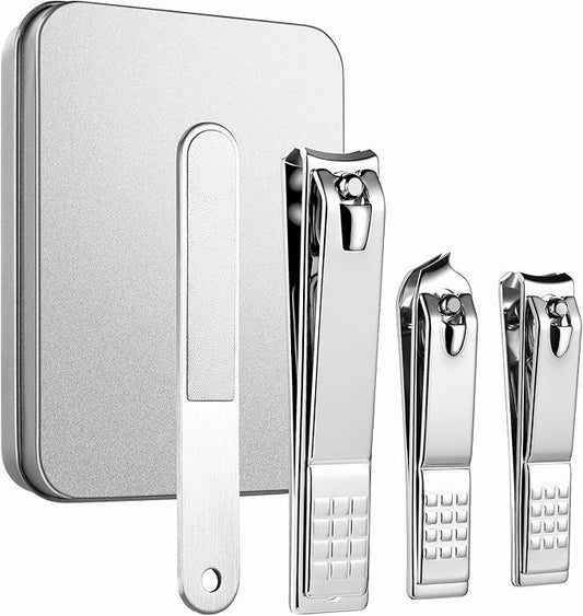 4PCS Professional Nail Clippers Set, Toenail Clippers & Fingernails & Nail File, Silver Nail Cutter, Sharpest Thick Toenail & Ingrown Nail Clipper Set, Best Travel or Home use for Men and Women