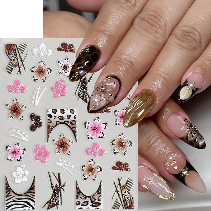 6 Pcs Fall Winter Flower Nail Art Stickers Decals Leopard Print French Flowers Nail Decals 5D Embossed Golden Circle Hibiscus Nails Designs Vacation Fall Brown Leopard Flower Nail Supplies for Women