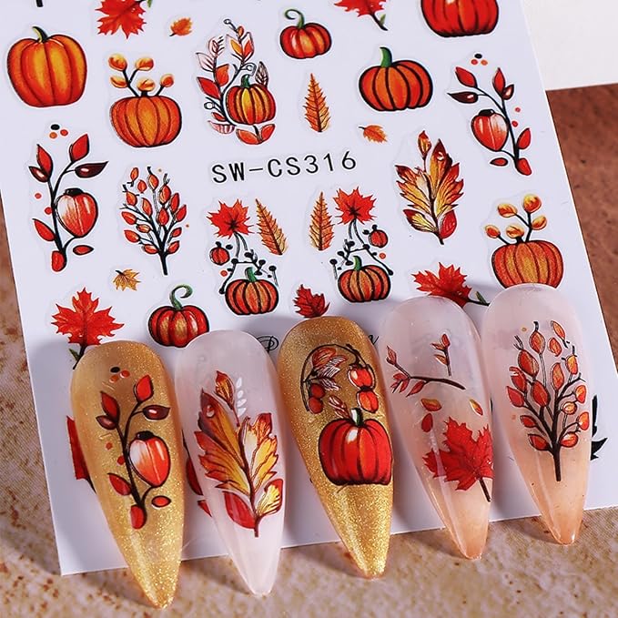 Fall Nail Art Stickers Decals 6Pcs Pumpkin Maple Leaves Nail Decals 3D Self-Adhesive Autumn Fallen Leaves Nail Stickers Cute Harvest Thanksgiving Day Manicure Sliders for Women Nails Art Decorations