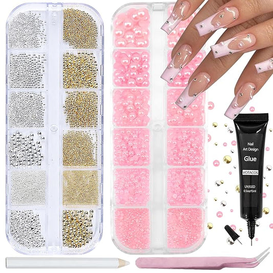 Nail Art Pearls with Rhinestones Glue Gel Flatback Pearls Nail Charms Luxurious Nails Supplies Accessories Gold Silver Gems Jewelry Pearl for Women Nails Design(Pink)