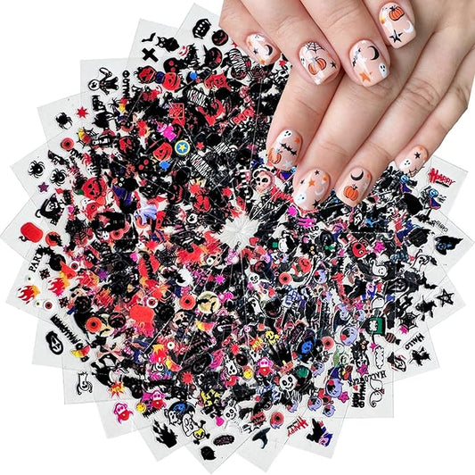 24 Sheets Halloween Nail Art Stickers 3D Self-Adhesive Nail Decals Scary Ghost Face Nail Supplies Spider Web Skull Witch Bat Designs Acrylic Nail Accessories for Women Kids DIY Manicure Decorations
