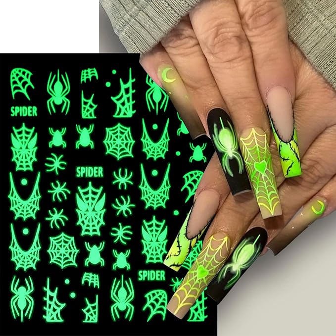 6 Sheets Halloween Glow in The Dark Nail Art Stickers 3D Self-Adhesive Luminous Ghost Nail Stickers Halloween Scary Ghost Skull Spider Bat Fluorescent Designs Nail Decals for Women Nail Decoration