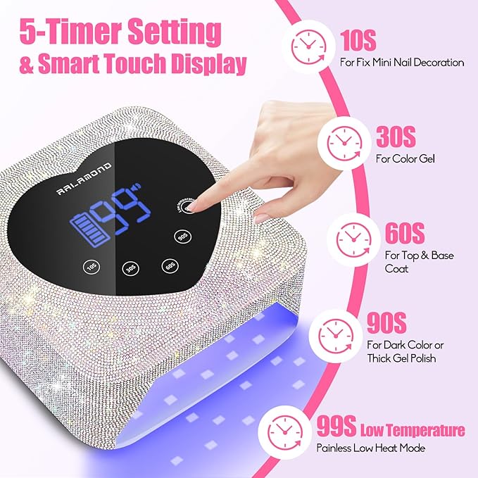 72W Cordless UV Light for Nails With 5 Timer & Auto Sensor, Professional Rechargeable Lamp for Gel Polish, Bling Cute Heart Dryer (Diamond)