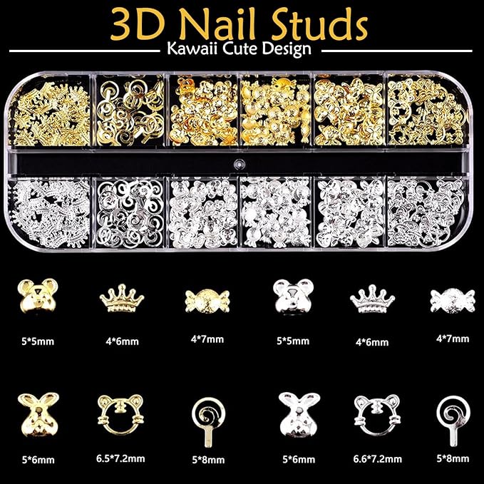 3D Nail Charms and Gems Kit, Color Candy Bow Bees Bear Animals Cartoon Nail Art Charms,Flatback Gems+Gold Bow Nail Studs+Gravel Diamond,Mixed Nail Rhinestones Manicure Kit Nail Art DIY Decoration
