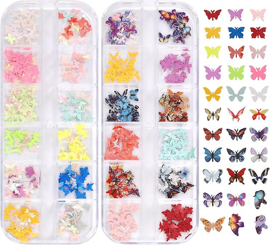 600Pcs 3D Flower Nail Art Charms Sequins Decals Colorful Mixed Butterfly Design Slice Nail Flowers Ultra Wood Pulp Flakes Sequins 2