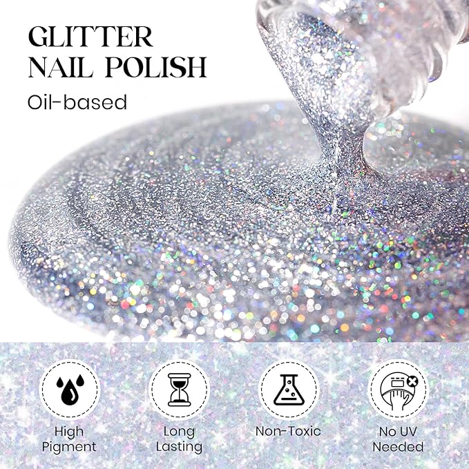 MIZHSE Quick Dry Glitter Nail Polish, Siver Rainbow Nail Polish Air Dry Fast, 15ml High Glossy Sparkly Shiny Shimmery Iridescent Silver Nail Art Salon Manicure Home