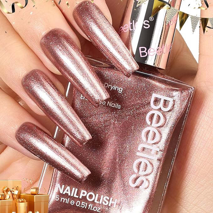 Beetles Nail Polish Glitter Champagne Gold 1Pcs 15ml Fast Drying & Long Lasting Nail Polish Shimmer Winter Champagne Color Art Effect for Nail Salon DIY Manicure