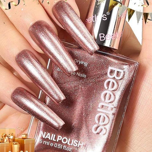 Beetles Nail Polish Glitter Champagne Gold 1Pcs 15ml Fast Drying & Long Lasting Nail Polish Shimmer Winter Champagne Color Art Effect for Nail Salon DIY Manicure