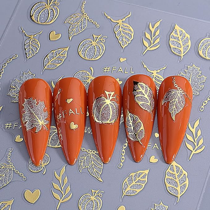 4 Sheets Halloween Nail Stickers for Nail Art 3D Self Adhesive Gold Glitter Nail Art Stickers Spider Web Pumpkin Nail Decals Fall Maple Leaf Nail Supplies for Women DIY Christmas Decorations