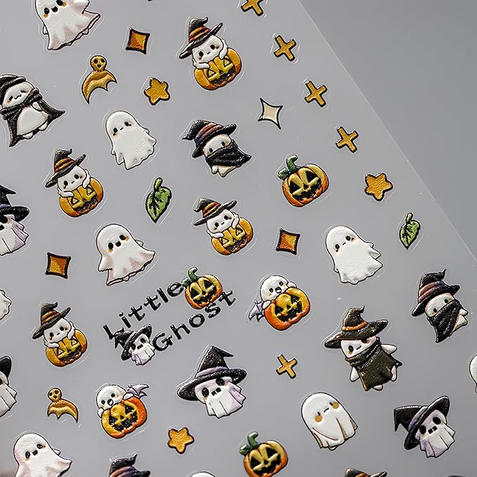 5D Embossed Halloween Nail Art Stickers Cute Ghost Self-Adhesive Pegatinas Uñas with Stars Leaf Pumpkin Designs Nail Decals Halloween DIY Manicure Supplies for Women Girls Nail Art Decoration 1Sheets