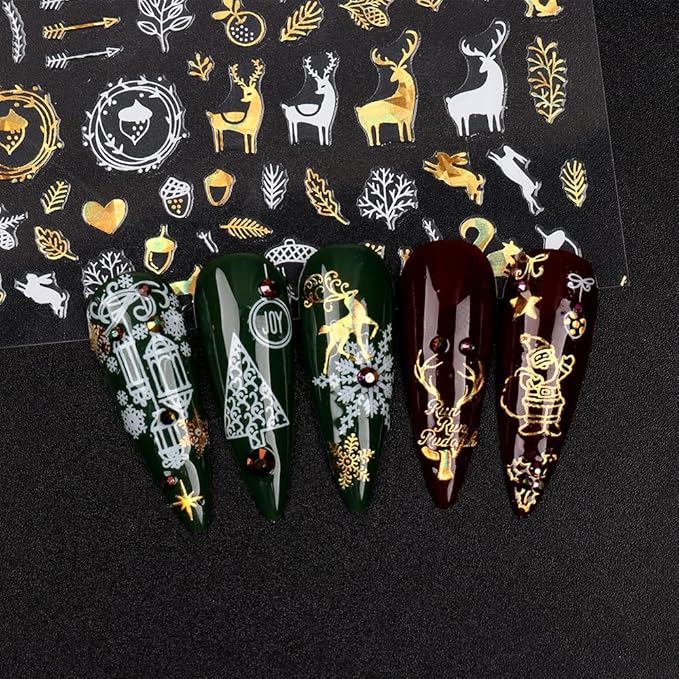 9 Sheets Christmas Nail Art Stickers Decals Self-Adhesive Pegatinas Uñas Gold White Nail Supplies Nail Art Design Decoration Accessories