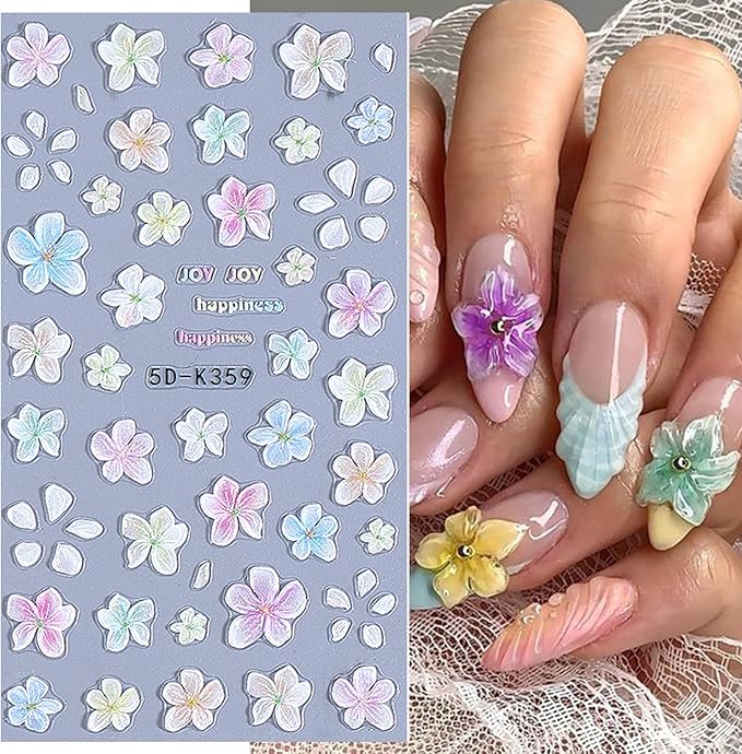 Flower Stickers for Nails Art 6 PCS 5D Hibiscus Nail Decals with 3pcs Tweezers Manicure Tools Colorful Lily Flowers Designs Self-Adhesive Hawaiian Floral Engraved Nail Art Decoration for Women Girls