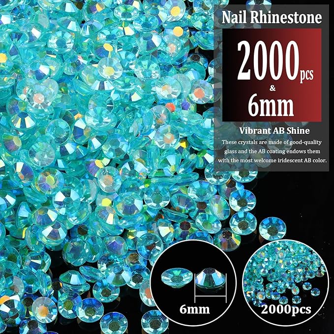 2000pcs 6mm Resin Rhinestones Bulk, Transparent Lake Blue AB Flatback Round Jelly Rhinestones Non Hotfix Crystal Gems Large Quantity Wholesale for DIY Crafts Clothes Bottles Face Makeup Manicure