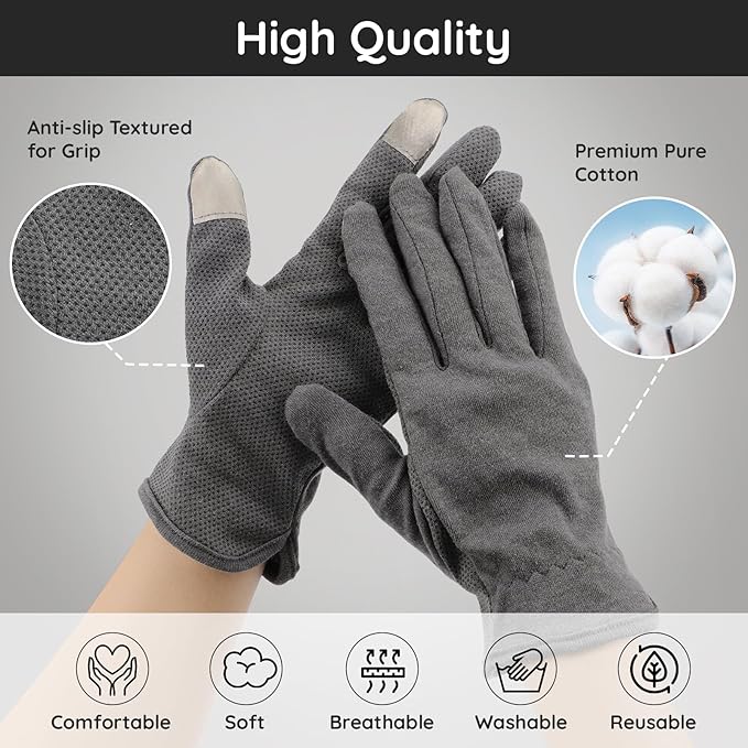 Segbeauty 6 Pairs Cotton Gloves Touchscreen, Hand Moisturizing Gloves Overnight for Women, Finger Touch Screen Moisturizer Gloves for Dry Hand, Non-Slip Cotton Work Gloves Lotion Gloves Gray