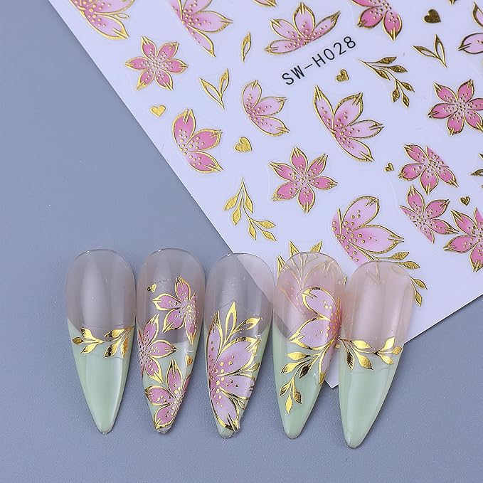 3D Flower Nail Art Stickers Decals Luxury Flower Petal Stickers with Tweezers 12 PCS Self Adhesive Pink Purple Blue Floral Gold Edge Decals Cherry Blossom Lily Summer DIY Manicure Nail Art Decoration