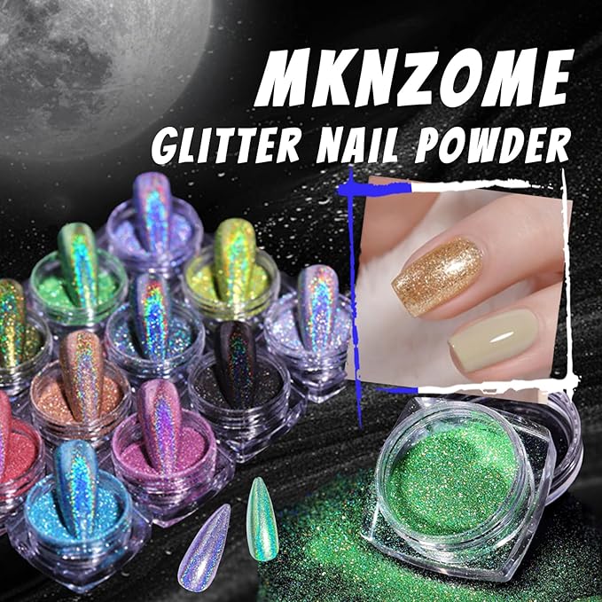 12 Jars Holographic Nail Powder, Chrome Nail Powder Kit Black Blue Ultra Fine Glitter Powder Set, Rainbow Neon Pigment Manicure Glitter Dust with 12 Pcs Dual Sides Sponge Applicators