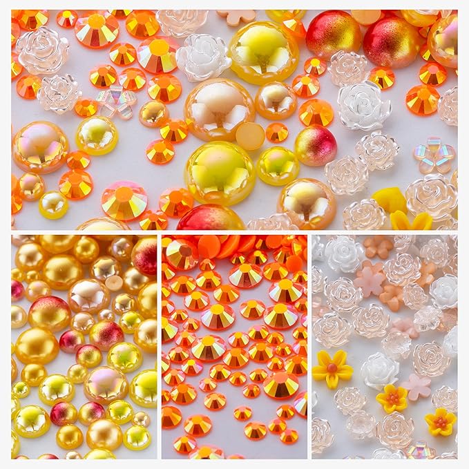 Sun Magic 160g Orange Flat Back Pearls Rhinestones for Crafts Mixed Size 3mm-10mm AB Color Round Half Pearls Flatback Pearl Beads and Resin Rhinestones Set for Face Art