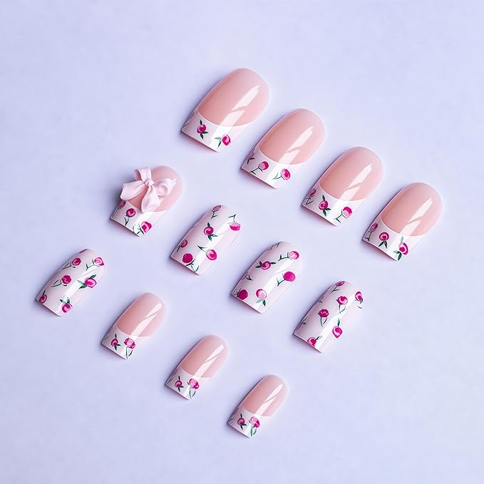 French Flowers Press on Nails Medium Square Fake Nails with Bow Rhinestones Design False Nails Glossy Spring and Summer Flowers Glue on Nails Artificial acrylic for Women Nails Decoration 24Pcs