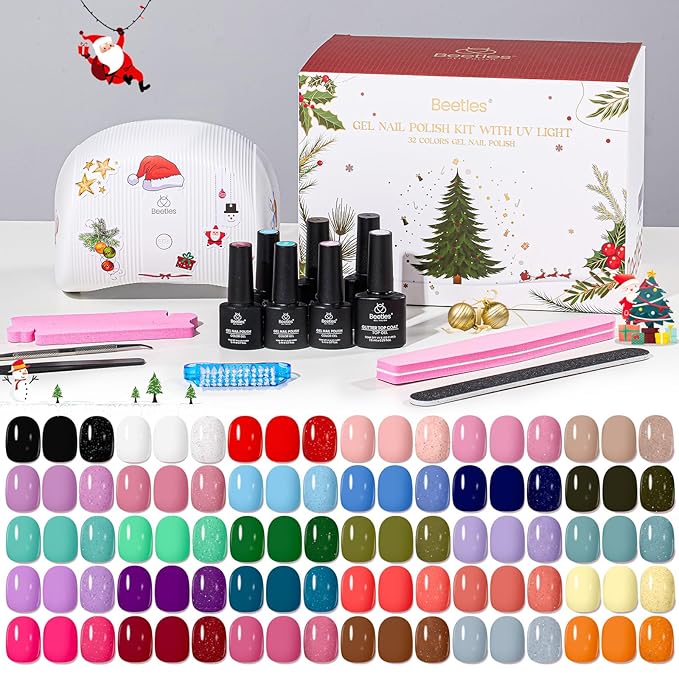 Beetles 54 Pcs Christmas Gel Nail Polish Kit with U V Light - 32 Color Gel Nail Kit Gifts for Teens Girls Women Four Seasons Glow Soak Off Red White Winter Nails Art Home Salon Home DIY Manicure Set