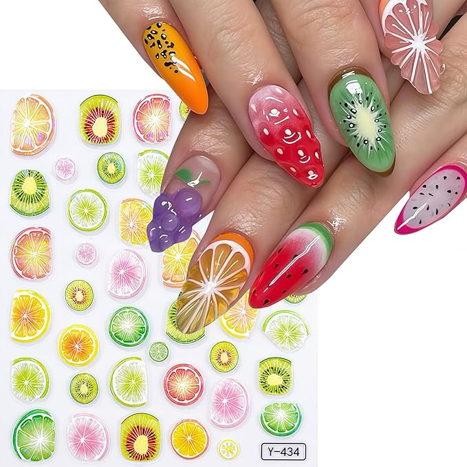 Summer Nail Art Stickers Fruits Nail Sticker 3D Self-Adhesive Shiny Lemon and Cherry Design Nail Decals DIY Salon Acrylic Nail Art Decoration Accessories for Women Vacation Nails