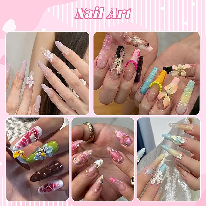 300Pcs Flower Nail Charms Kit, 100Pcs 3D Embossed Hawaii Floral Charms and 100Pcs Nail Pearls with 100Pcs Macaron Beads, Colorful Hibiscus Summer Flowers Mini Gems Round Beads for Nails DIY