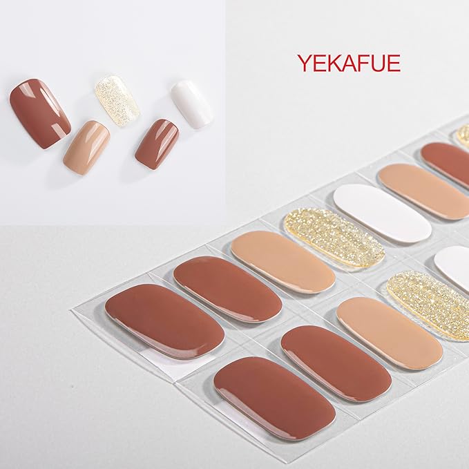 No Lamp Gel Nail Strips 22 Pcs Wraps - Brownish Gold Glitter, Easy Apply Gel Nail Stickers Long Lasting, Salon-Quality, 2 Prep Pads, 1 File, 1 Wooden Stick