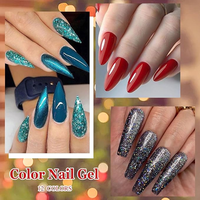 MEET ACROSS 12PCS Gel Nail Polish Set, 12 Colors Gel Nail Kit Art Design Soak Off UV LED,Nail Art Design Gifts for Women (Red Green, 12PCS)