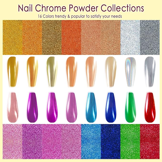 Allstarry Chrome Nail Powder Kit - 16 Colors Metallic Mirror Effect Pigment Powder Magic Glitter Dust for Gel Polish Nail Art Decoration with 16 Sponge Sticks