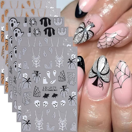 Halloween Nail Stickers Glitter Ghosts Pumpkins Spider Web Nail Decals 6PCS Self-Adhesive Halloween Nails Design Sticker Fall Nail Accessories Holiday Nail Art Supplies for Women Manicure Accessories
