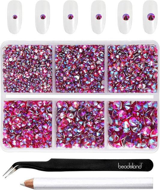 Beadsland 4300pcs Flatback Rhinestones, Red AB Rhinestone Nail Gems Round Crystal Rhinestones for Crafts,Mixed 6 Sizes with Picking Tweezers and Wax Pencil Kit, SS6-SS20, Light Siam AB