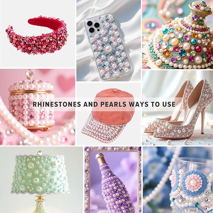 80g Mix Flatback Pearls and Rhinestones for Crafts Red Black and White Mixed Size 2mm-10mm Half Round Pearls Rhinestones for Nail Art Tumblers Shoes DIY Bedazzling with Tweezers Wax Pen