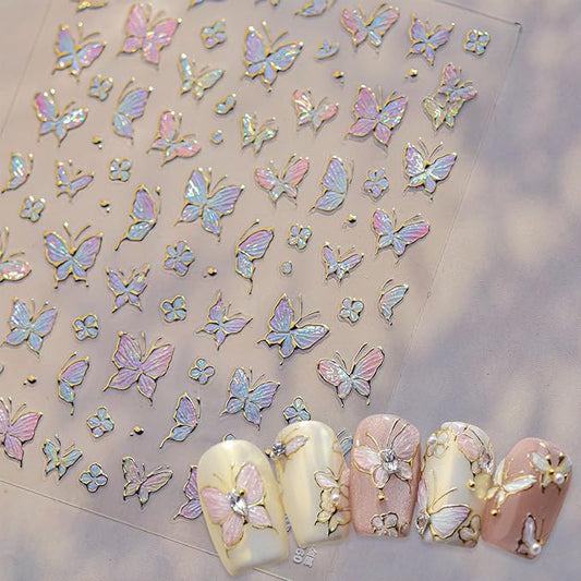 1 Sheet Gradient Butterfly Nail Stickers, Hot Stamping Design Butterfly Nail Decals, 5D Embossed Self-Adhesive Nail Design Stickers for Women DIY Spring Manicure Decoration