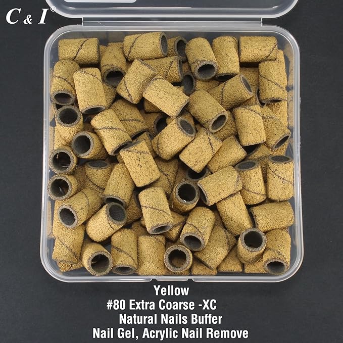 C & I Nail Sanding Bands 100 PCS Plus Upgrade Mandrel 1 PC, Nail Drill Bits for Acrylic Gel Nails Remove, Natural Nails Buffer for Nail Prep and Nail Shiner (Yellow, #80 Extra Coarse)