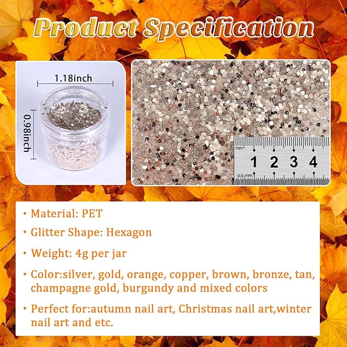 Laza Autumn Nail Glitter, 12 Colors Acrylic Nails Art Glitter Powder Sequin, Retro Copper Iridescent Flake Paillette Sparkle Tip 120g for Gel Polish, Face, Eyes, Body, Hair, Jewelry, Resin -Golden Age