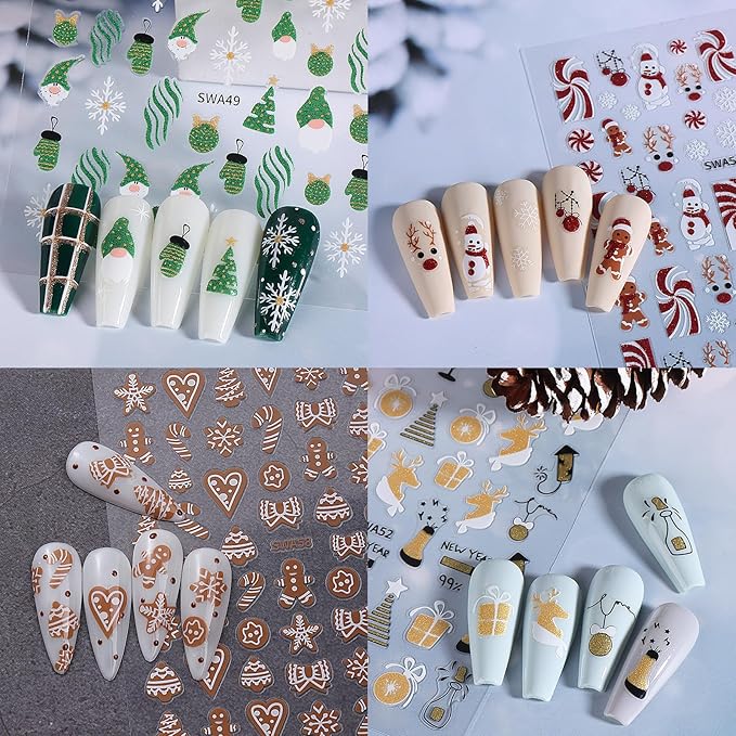 8 Sheets Cartoon Christmas Nail Art Stickers 3D Self-Adhesive Snowflake Snowman Nail Stickers Glitter Christmas Lamp Ball Nail Decals Acrylic Nail Supplies for Women Girls DIY Manicure Decoration
