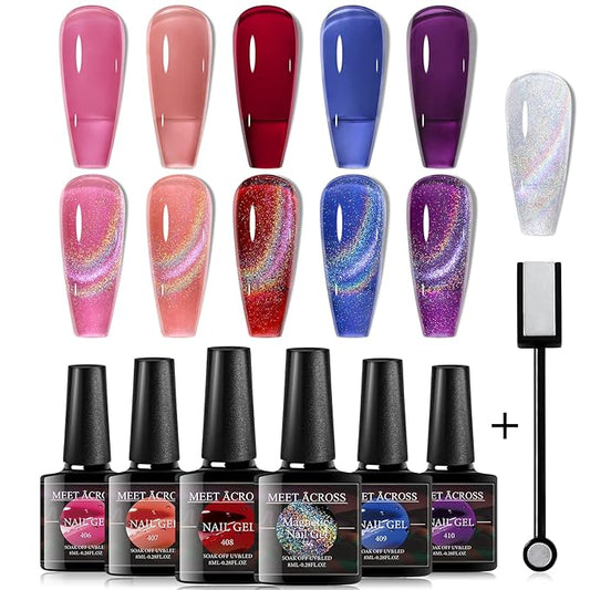 MEET ACROSS Rainbow Cat Eye Gel Nail Polish 5 Colors Jelly Magnetic Cat Eye Gel Nail Polish Set Soak Off UV LED Light Nail Kit Gift Box with Free Magnet Stick for Home DIY Manicure Varnish Art Design