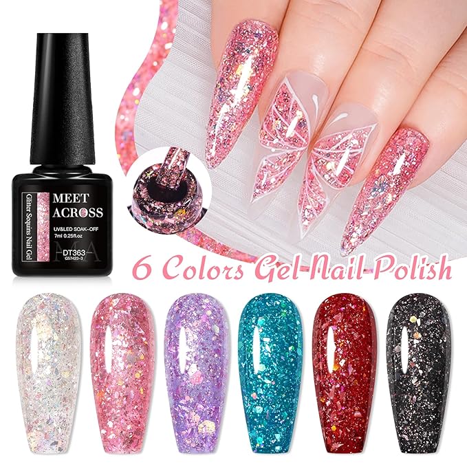 MEET ACROSS Gel Nail Polish Set 6 Pcs Glitter Colors Gel Nail Kit Art Design Soak Off UV LED (SET-3, 6pcs)