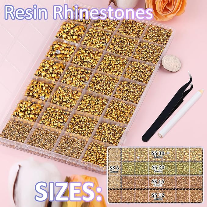 30000Pcs Resin Rhinestones for Bedazzling with Tweezers, Mine Gold Rhinestones for Crafting with B7000 Jewelry Glue for DIY Crafts Clothing Tumblers Shoes Fabric Nail Art