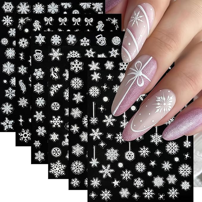 6 Sheets Snowflake Nail Stickers 5D Embossed Christmas Snow Nail Art Stickers Self Adhesive Winter Snowflake Nail Decals Snowmen Star Christmas Nails Decoration Supplies for Women Holiday Manicure
