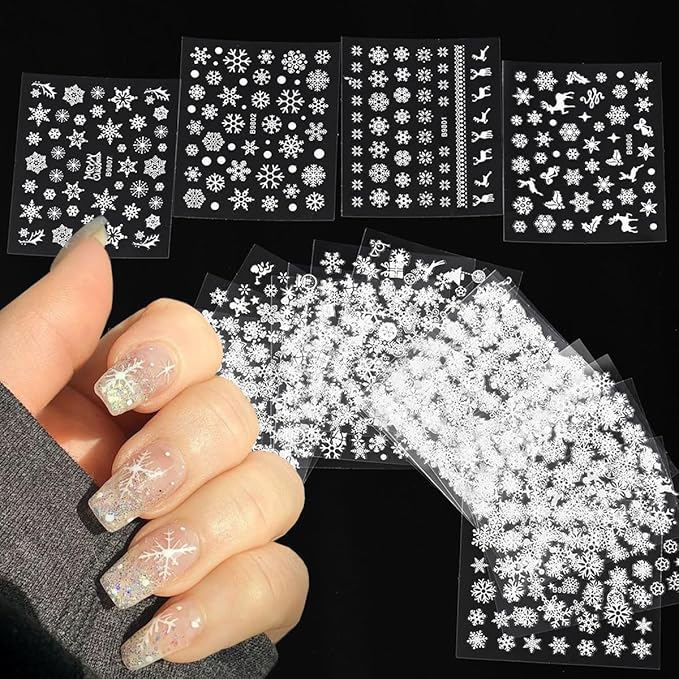 30Sheets Christmas Snowflakes Nail Art Stickers Decals for Kit with White Snowflake Glitter Design 3D Self Adhesive Nail Art Supplies Sticker Winter Xmas Nail Art Decoration Snow Manicure for New Year