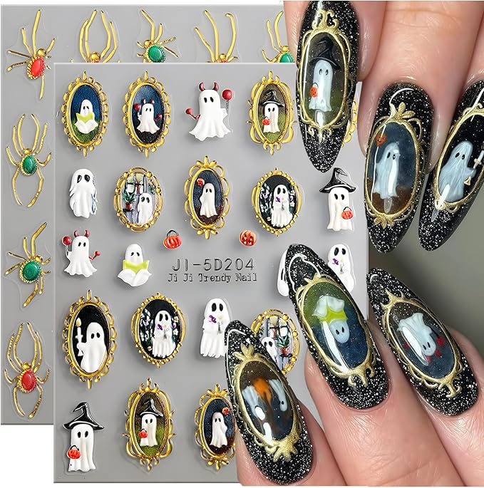 2Pcs Retro Halloween Nail Stickers Spider Web Decals for Nail Art Pumpkin Ghost Nail Design 5D Embossed Spider Nails Supplies Ghost Mirrors Nails Acrylic Accessories for Women DIY Manicure Decoration