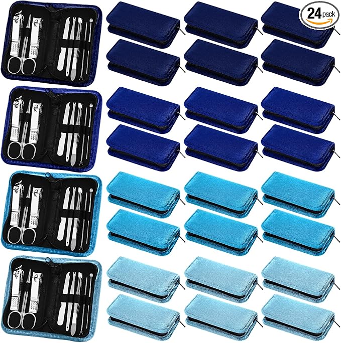 Coume 24 Sets Manicure Set Bulk Rad Tech 8 in 1 Nail Clippers Kit Luxurious Travel Case Stainless Steel Nails Care Tool Office Gift for Coworker Nurse Practitioner Week Christmas(Blue Series)