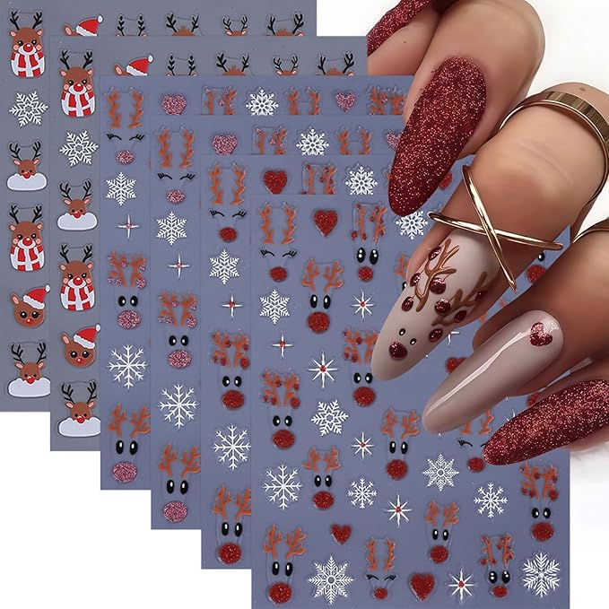 6 Sheets Christmas Glitter Elk Nail Art Stickers 3D Self-Adhesive White Snowflake Cute Reindeer Nail Design Red Pink Glitter Heart Nail Decor for Women Winter Xmas Holiday Manicure DIY Nail Supplies