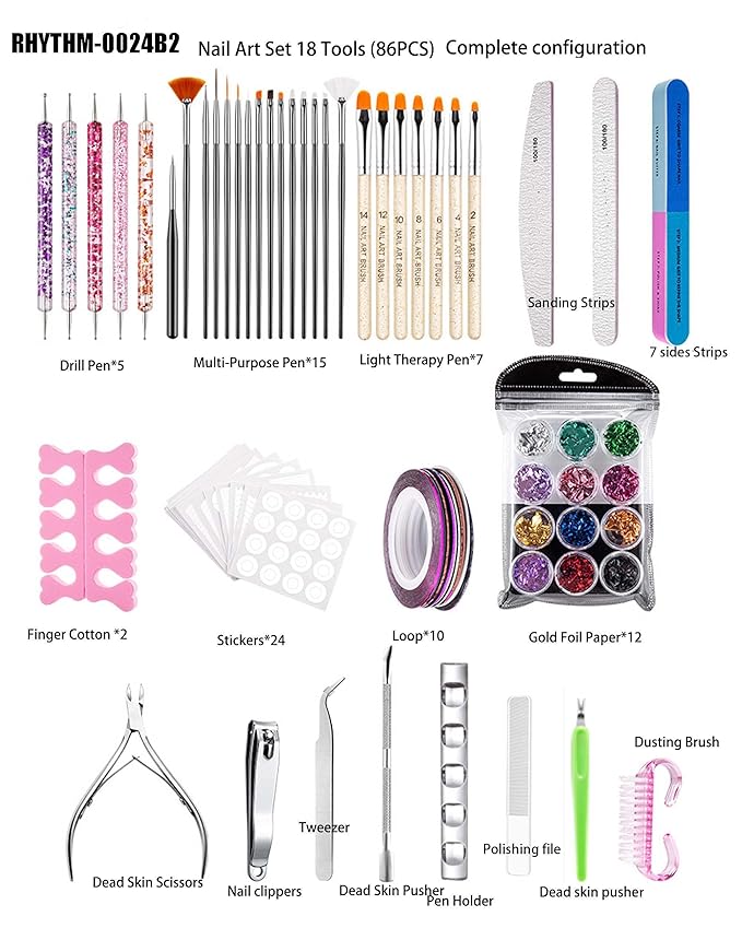 Nail Art Tools Kit, 8kinds of nail art brush Set with Hand Tools and Accessories for Manicure, 36pcs in total(RHYTHM-0024C)