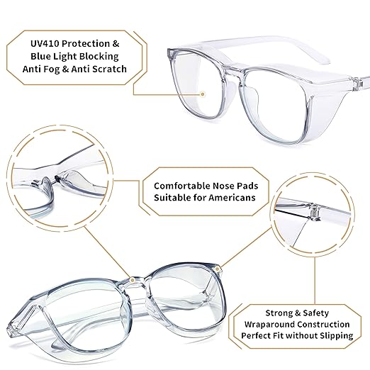 Alsenor Safety Glasses Anti Fog Goggles Protective Eyewear Blue Light Blocking Anti Dust UV Protection Glasses For Men Women (2 Pack (Blue + Clear))