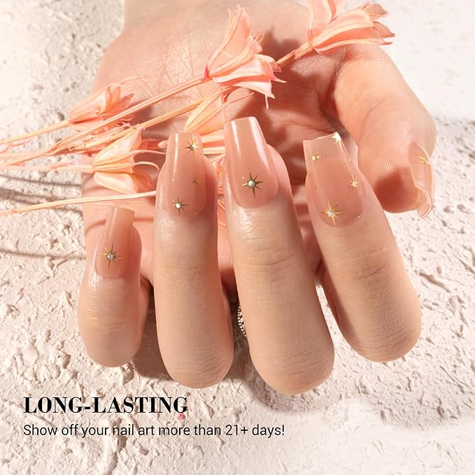 MelodySusie Semi Cured Gel Nail Strips (Nude Jelly Stars), Works with Nail Lamp, Salon Quality, Long Lasting, Easy to Apply and Remove, Includes 20Pcs, 2 Prep Pads, Nail File and Wooden Stick