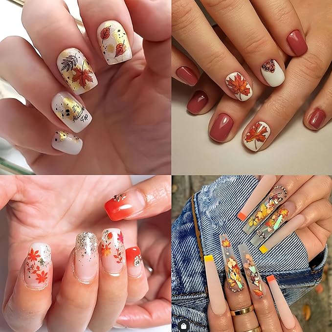 8 Sheets Autumn Maple Leaf Nail Stickers, Thanksgiving Pumpkin Nail Stickers 3D Self-Adhesive Maple Leaf Nail Decals Autumn Glitter Ginkgo Leaf Nail Decals for Women Nail Designs