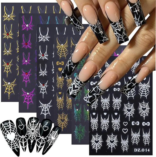 6 Sheets Halloween Nail Art Stickers Decals 3D Self-Adhesive Spider Nail Decals with Rhinestones Designs White Gold Rainbow Bow Spider Web Nails Decorations Holiday Nails Art Supplies for Women Girls