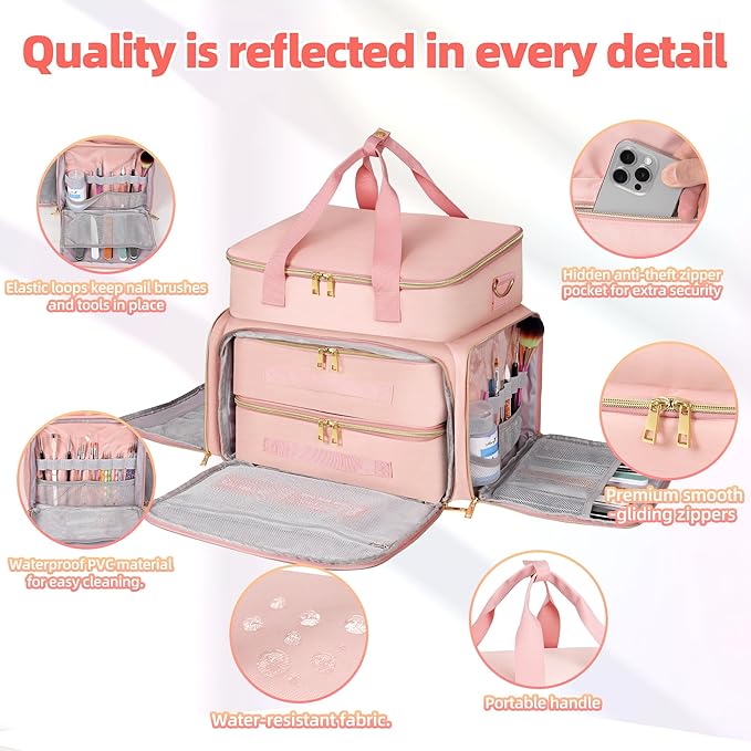 Nail Polish Organizer Case for 96 Bottles – Waterproof Travel Bag with Hard Bottom – Double Layer Nail Storage Bag with Adjustable Dividers & Nail Lamp Compartment – for Home or Salon Use