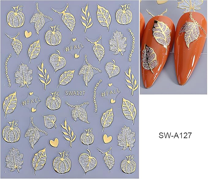 Halloween Nail Art Stickers, Glitter Pumpkin Ghost Nail Art Decals 3D Self-Adhesive Whit Gold Heart Spider Web Bat Black Leaf Nail Design 8Pcs Halloween Nail Art Supplies for Women Nail Decoration